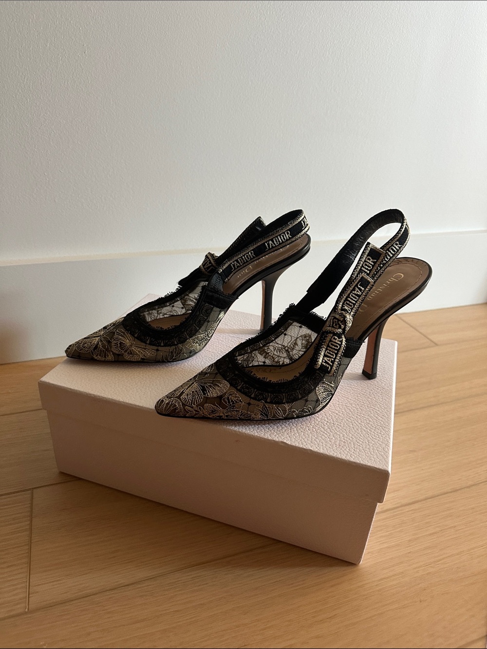 Dior Black Lace and Cream Embroidered Slingback Heels